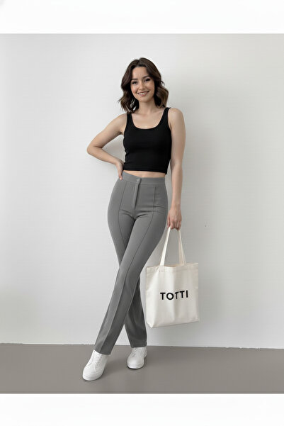 unika boutique بنطلون نسائي عالي الخصر بخصر مطاطي ومخيط بخطوط مضلعة من قماش ا...