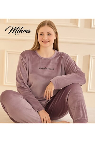 Mihra Kışlık Kadın Büyük Beden Lila Kadife Pijama Takımı