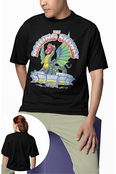 Fuddy Moda تي شيرت مطبوع عليه ديناصور The Rolling Stones للجنسين، تي شيرت كبير الحجم ذو طابع فرقة الروك برقبة دائرية