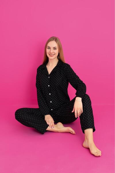 aytenli Polo Neck Front Buttoned Lightweight Flowy Top Elastic Waist Sized Patterned Thin Suede Pajama Set