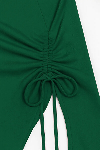 babatr.com Women's Green Long Spanish Sleeve Asymmetrical Neckline Side Tie Draped Blouse