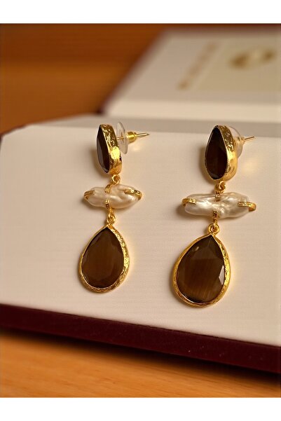 Bo Takı ve Aksesuar Doğal taş altın kaplama kahverengi sallantılı küpe