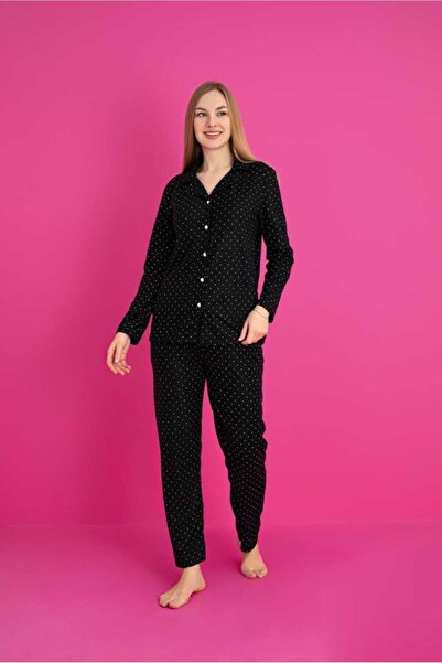 aytenli Polo Neck Front Buttoned Lightweight Flowy Top Elastic Waist Sized Patterned Thin Suede Pajama Set