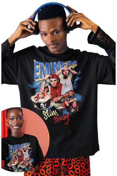 Fuddy Moda تي شيرت مطبوع عليه صورة إمينيم للجنسين، تي شيرت كبير الحجم ذو طابع موسيقى الراب ذو رقبة دائرية