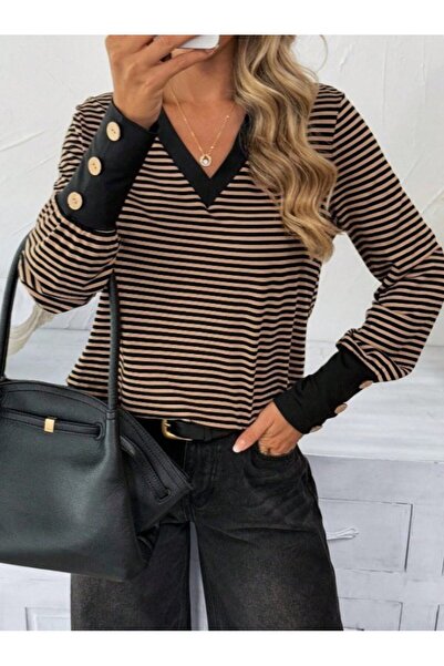 JANES Bluză de damă cu mânecă lungă, cu decolteu în V, cu model, din jerseu