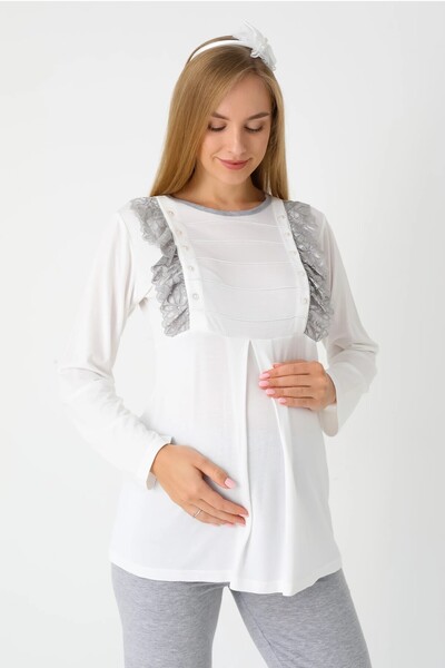 BLACKMORE Women's Gray Shawl Collar Lace Polka Dot Patterned Winter Full Length Dressing Gown Pajamas 3-Piece Set