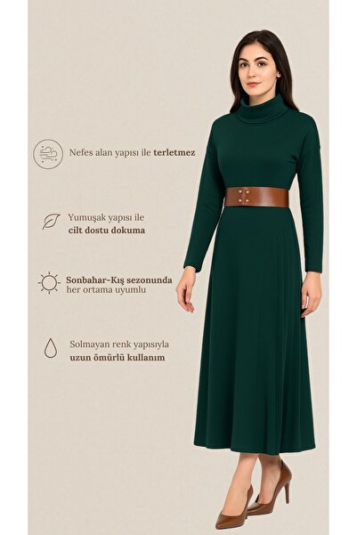 FARREN Kadın Modern Fit A Form Örme Elbise Koyu Yeşil - Balıkçı Yaka | Deri Kemerli | Sonbahar-Kış