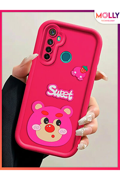 Molly REALME 5İ - 6İ İçin Magenta Kenarları Kalın 3d Kabartmalı Çilek Ayı Sil...