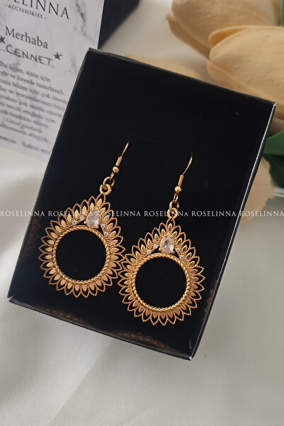 ROSELİNNA Çeyrekli Küpe, Altın Çerçeveli Küpe, Damla Model, 14k Altın Kaplama Küpe, Zarif Ve Şık Küpe