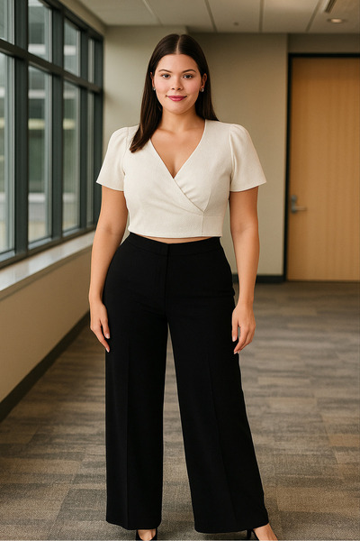 FOR ESRA BIG TREND Women's Plus Size High Waist Side Zipper Closure Stretchy Palazzo Crepe Pants