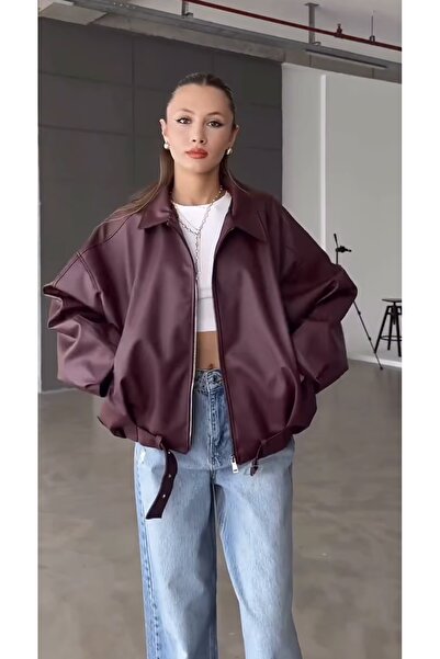 BELİZMOD سترة جلدية بومبر كبيرة الحجم مع حزام