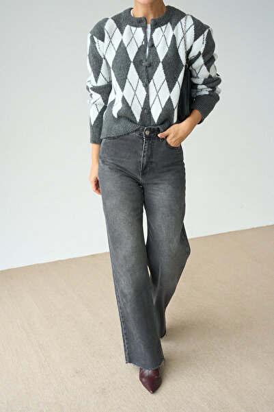 Lupies Women's Crew Neck Diamond Pattern Knitwear Cardigan