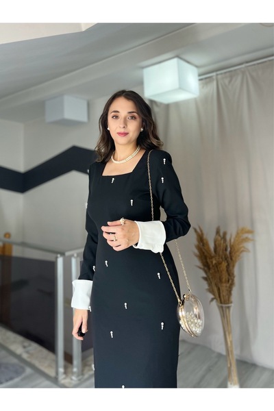 Starmount Butik Uzun Kol Kare Yaka İnci İşlemeli Maksi Boy Siyah Kadın Elbise