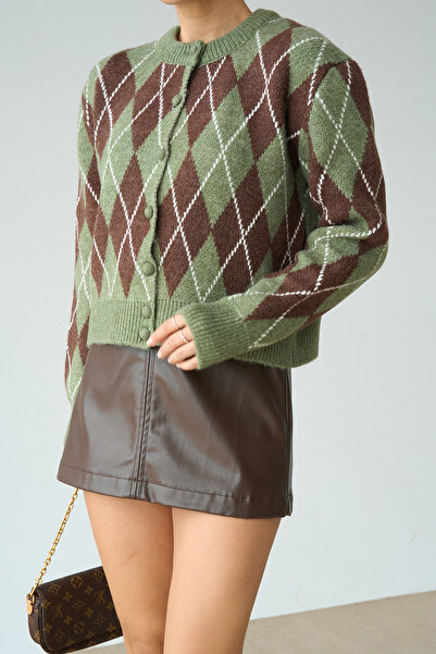 Lupies Women's Crew Neck Diamond Pattern Knitwear Cardigan