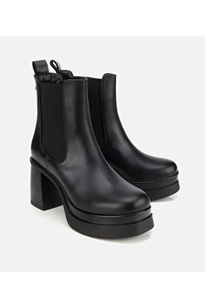 Hotiç Kadın Siyah Lastik Detaylı Kalın Topuklu Bot