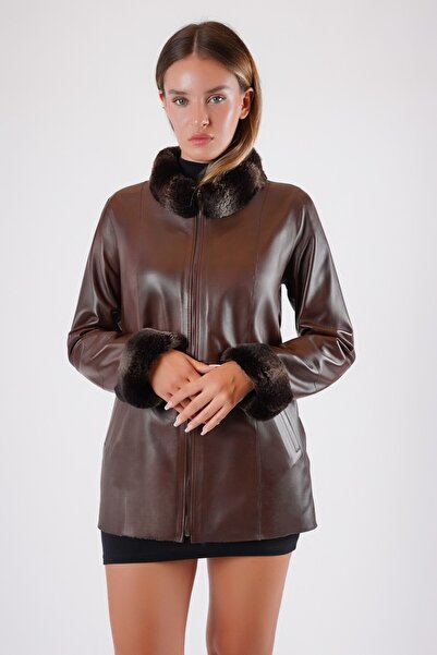 Leather Club Kahve Çift Taraflı Rex Kürk Aksesuarlı Hakiki Deri Ceket