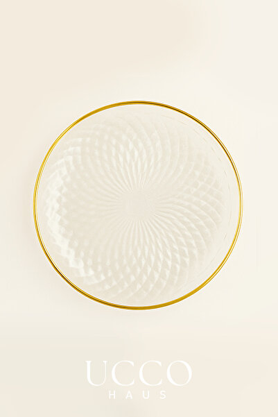 UCCO 7 Piece Aden Premium Luxury Gold Set (Glass Serving Stand with Legs & Set of 6 Glass Dessert Plates) Cake Stand