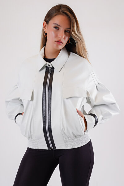 Leather Club White Oversized Genuine Leather Bomber Jacket