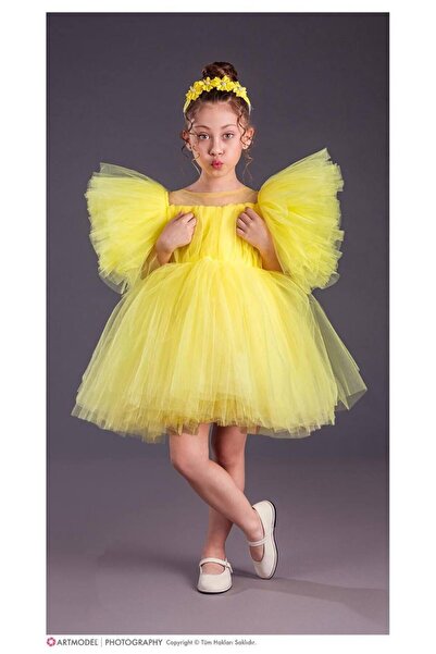 KOKOŞ BEBEK Sleeve Embossed Girls' Evening Dress and Crown - 3/10 Years Old - 31537