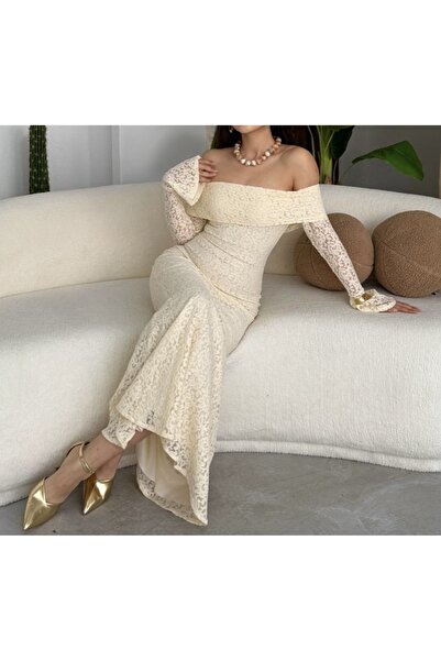 Starmount Butik Krem Uzun Kol Maksi Boy Dantel Motifli Kadın Elbise