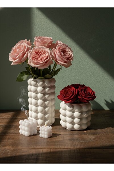 VARKAL 2'Li Bubble Pinterest Konsept Vazo, 2'Li Bubble Beyaz Mum 4'Lü Dekorat...