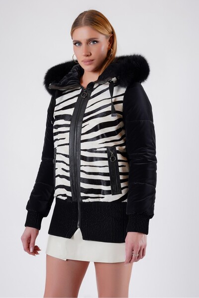 Leather Club Siyah Fox Kürk Aksesuarlı Hakiki Zebra Deri Desenli Puffer Mont