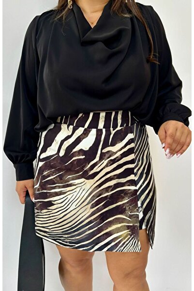 FOR ESRA BIG TREND Women's Plus Size Patterned Front Single Slit Inside Shorts Side Zipper Stretchy Short High Waist Scuba Skirt