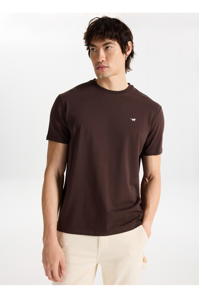 Mustang Bisiklet Yaka Baskılı Kahve Erkek T-Shirt M5WM-TST1582