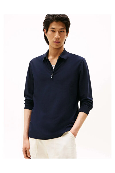 Tommy Hilfiger Erkek Normal Kalıp %100 Pamuklu Uzun Kollu Yarım Fermuarlı Lacivert Polo Yaka T-Shirt MW0MW44244-DW5