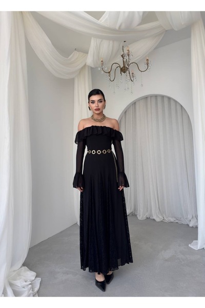 ETİKAFASHION Tasarım Dantel Detaylı Şifon Straplez Elbise