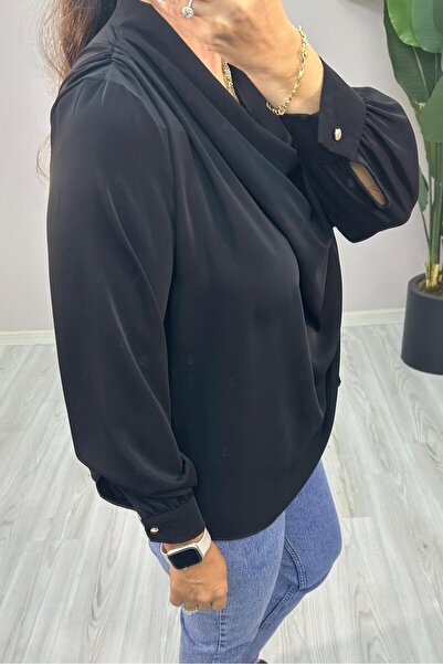 FOR ESRA BIG TREND Γυναικεία μπλούζα με μακρύ μανίκι από σατέν με κούφιο κουμπί στην πλάτη και γιακά μεγάλου μεγέθους