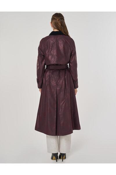 Kayra Kadife Yakalı Uzun Trençkot Koyu Bordo