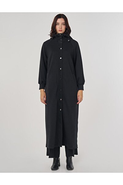 Kayra Reglan Sleeve Patterned Overcoat Black