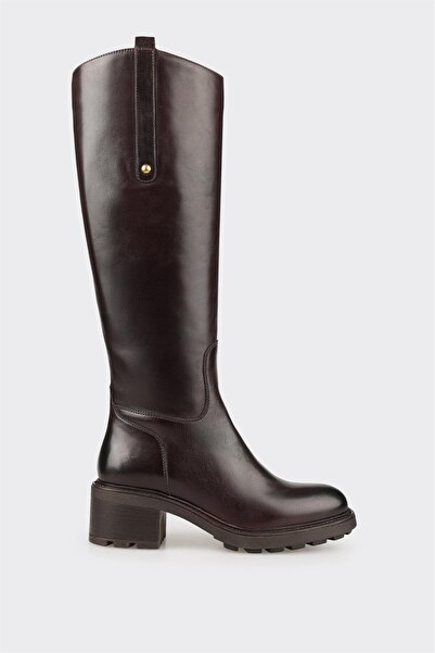 Elle Shoes Kahve Deri Kadın Topuklu Çizme