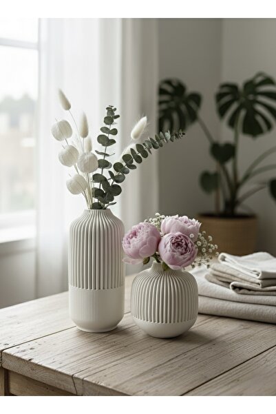 VARKAL 2'Li Vazo Oluklu Dekoratif Pinterest Vazo Seti