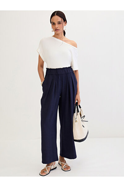 Femmella By Styli Navy Blue Wide Leg Pleat Detail Pants