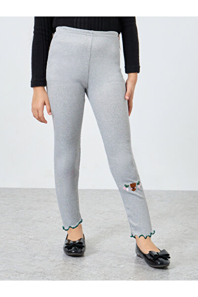 Styli Girls Grey Bear Embroidery Leggings