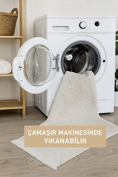 Evrium Home Krem Beyaz Şönil Makinada Yıkanabilir Kaymaz Taban Pamuklu Halı Kilim Oturma Odası Salon Mutfak