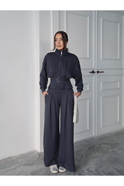 Paw Garage Set de pantaloni și jachetă plisată cu fermoar din modal cu textura moale Zenya pentru femei