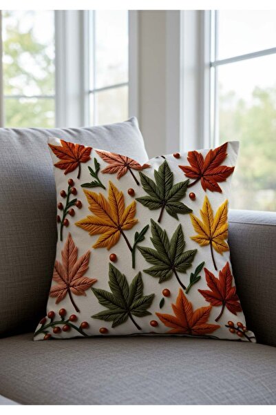 Sakallı Punch Embroidery Pattern Digital Printed Autumn Themed 4-Piece Throw Pillow Cover in Orange and Yellow Colors