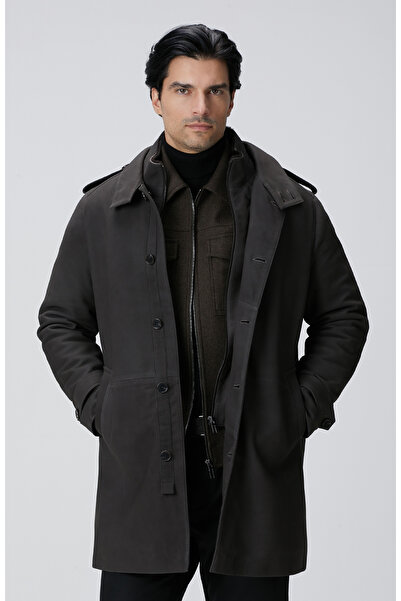 Network Kahverengi Yakası Kürklü Deri Kaban