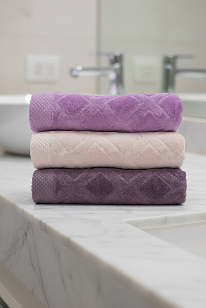 Class 3’lü 50x90 cm %100 Pamuklu Kadife El ve Yüz Havlu Seti - Karo Desenli Lila / Pudra / Mürdüm