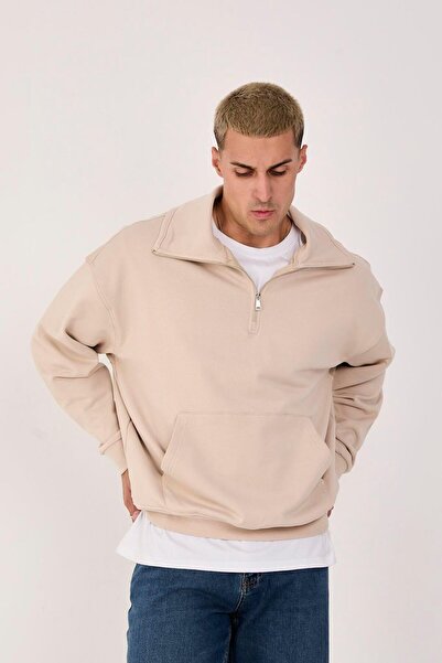 Store 100% Cotton Men's Oversized Half-Zip Sweatshirt - Comfortable Fit Kangaroo Pocket