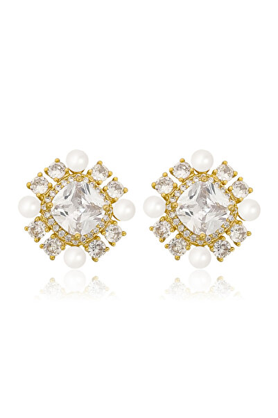 Take Two By Styli Square Shape Embellished Earrings with Faux Pearl