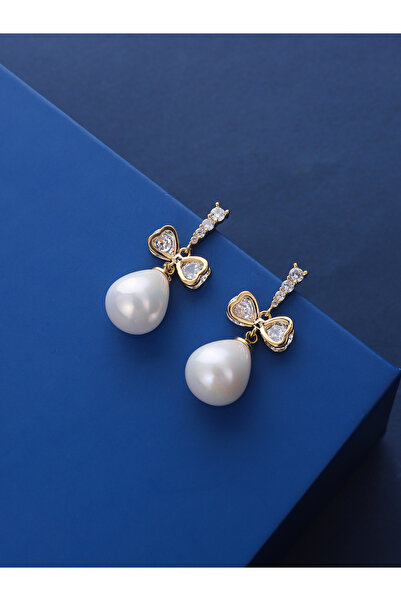 Take Two By Styli Gold Faux Pearl Bow Drop Earrings