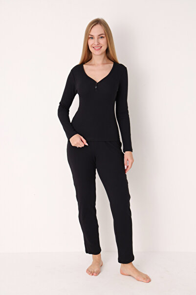 NBB Black Patched V-Neck Pajama Set