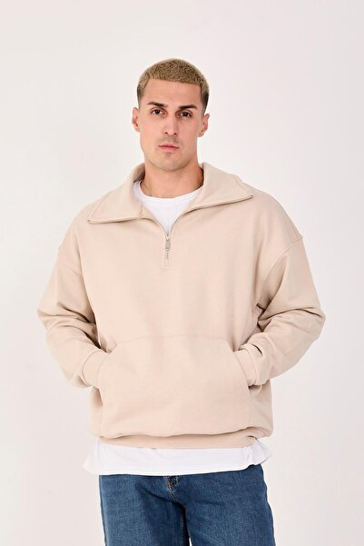 Store 100% Cotton Men's Oversized Half-Zip Sweatshirt - Comfortable Fit Kangaroo Pocket