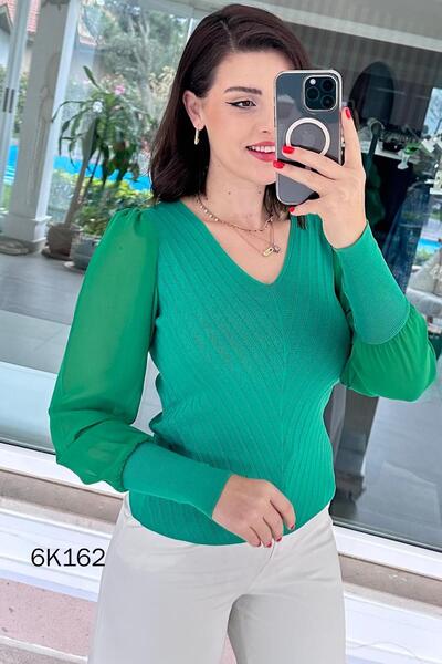 İnce Topuk V Yaka Tül Detay Ajurlu Triko Bluz 6k162