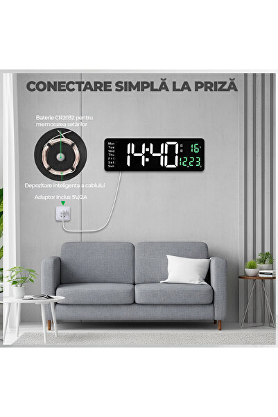 TnsAround TNS Digital Wall Clock — Large LED, Remote, Calendar, Temperature, Alarm, 40x13x3 cm, Black