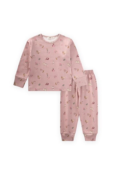 Cigit Patterned Seasonal Pajama Set 1-7 Years Powder Pink